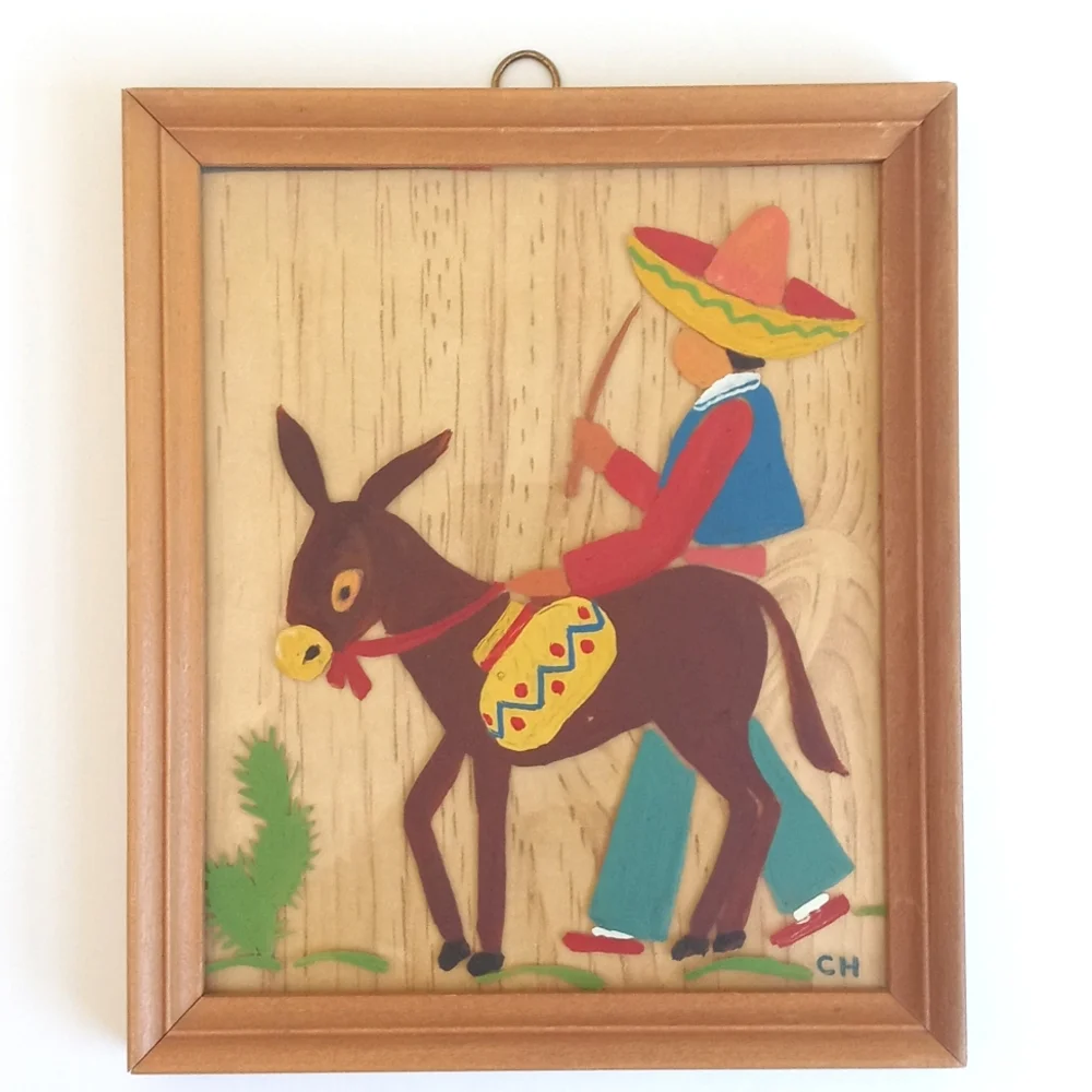 Vintage Folk Art Pair Colorful Mexican Art Mid-Century Framed Wall Art